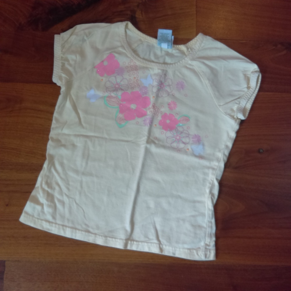 Yellow short sleeve shirt with pink & white floral